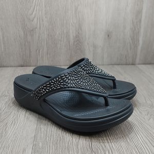 Crocs Monterey Diamante Sandals Womens Platform Thong Flip Flop Black Studded 6